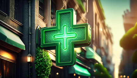 Close-up of a modern illuminated green cross sign hanging outside of a pharmacy on a city street in the evening. Generative Ai.の素材
