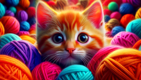 Extreme close-up of a little playful and curious kitten (ginger cat) surrounded by multicolored balls of wool looking at camera with his big expressive eyes. Generative Ai.の素材