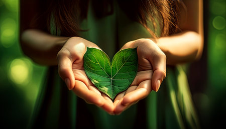 Extreme close-up of the cupped hands of a female environmentalist holding a heart-shaped green leaf, unrecognizable person in a beautiful green forest with lush foliage. Generative Ai.の素材