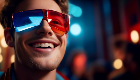 Extreme close-up and portrait of a smiling and happy young man wearing red and blue 3D cinema glasses, spectator in a movie theater watching a three-dimensional film. Generative Ai.の素材
