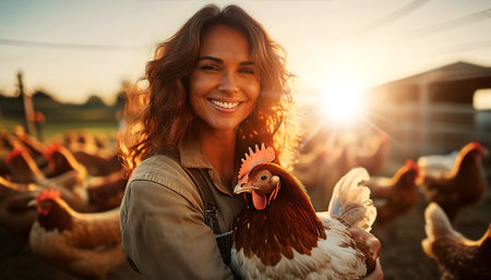 Portrait of a smiling young female farmer holding a beautiful chicken or hen at sunset. Many chickens in the background thanks freely outdoors. Concept of animal welfare, pride and care. Generative Ai.の素材