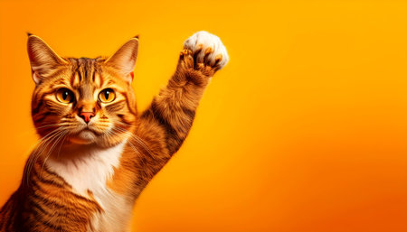 Close-up of a beautiful cat with a determined look with its paw raised like a human fist, on an orange-yellow background with copy space. Animal rights support and protest concept. Generative Ai.の素材