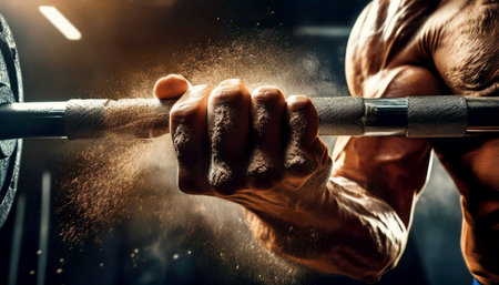 Extreme close-up of muscular arms and hands of a male bodybuilder holding a weightlifting bar with chalk dust flying off strength and muscular effort during a workout. Generative Ai.の素材