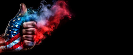 Extreme closeup of a hand closed in a fist with thumb up, painted with the colors of the American National Flag (USA flag), and multicolored smoke on a black background with copy space. Generative Ai.の素材