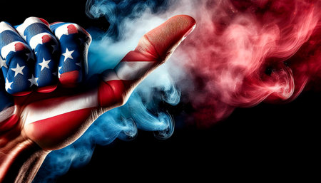 Extreme closeup of a hand closed in a fist with thumb up, painted with the colors of the American National Flag (USA flag), and multicolored smoke on a black background with copy space. Generative Ai.の素材