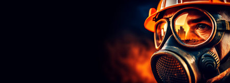 Extreme close-up of a man in gas mask and hard hat witnessing an environmental disaster. Isolated on black dark background with flames and copy space, template, banner. Generative Ai.の素材