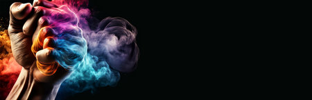 Close-up of a hand closed in a fist and multicolored smoke on a black background with copy space. Generative Ai.の素材