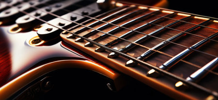 Extreme close-up of an electric guitar view from the guitar fretboard. Detail and macro photography isolated on black background. Generative Ai.の素材
