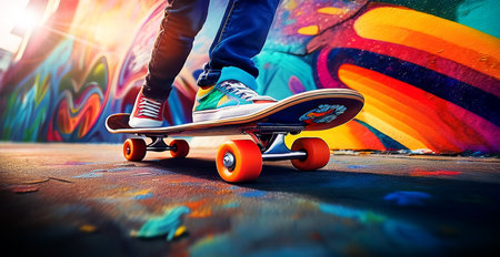 Extreme close-up and bottom view of the feet of boy in sneakers riding a skateboard next to a brightly colored wall with modern urban graffiti. Skateboarding in the city concept. Generative Ai.の素材