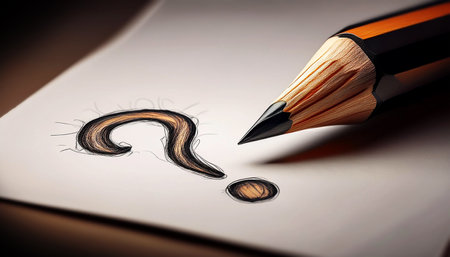 Extreme close-up of the tip of a classic pencil and a question mark drawn on a sheet of white paper with copy space. Q and A and pencil drawing a question mark, concept. Generative Ai.の素材