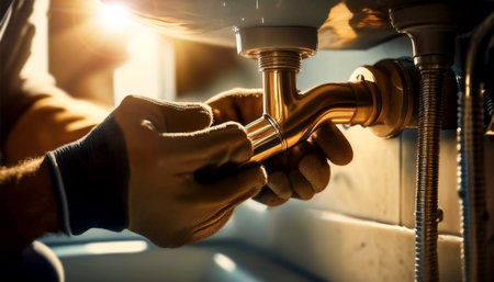 Extreme close-up of the gloved hands of a plumber while fixing or repairing pipes under the bathroom sink. Concept of home service or maintenance, professional handyman work. Generative Ai.の素材