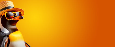 Handsome King Penguin with cool attitude wearing sunglasses and straw sun hat, isolated on yellow-orange background with copy space. Funny fashionable animal ready for summer vacation. Generative Ai.の素材