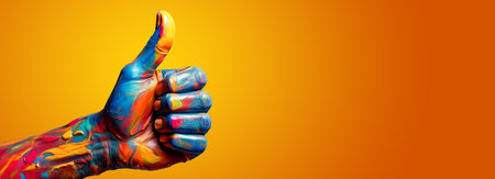 Close-up of a hand painted with multicolored paint and thumb up, On a yellow-orange background with copy space. Vibrant painted hand raised in a gesture of positivity and enthusiasm. Generative Ai.の素材