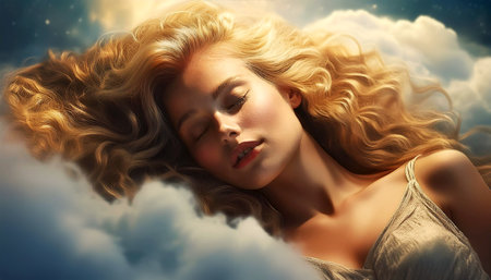 Portrait of a beautiful young woman with long blonde curly hair and closed eyes, sleeping or napping, lying on her side with his hands under his head, on fluffy white clouds. Generative Ai.の素材
