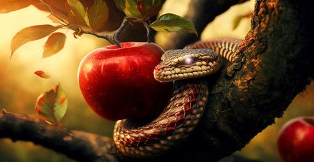 The Original Sin and the Forbidden Fruit Concept, close-up of a poisonous snake coiled around a red apple in the Garden of Eden, tree of knowledge of good and evil. Adam and Eve. Generative Ai.の素材