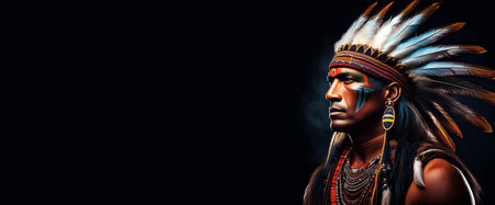 Extreme closeup, portrait of native American Indian with feather chief headdress while he looks away with a proud look, isolated on black background with copy space. Generative Ai.の素材