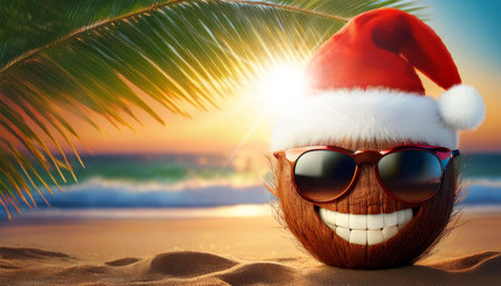 Extreme close-up of a smiling coconut with sunglasses and red Santa Claus hat on a beautiful tropical sandy beach and seascape in the background at sunset or sunrise. Generative Ai.の素材
