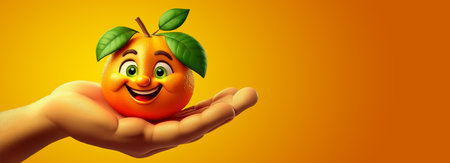 Extreme close-up of a ripe smiling orange fruit with green leaves looking at camera, on the palm of human hand against a yellow-orange background with copy space. Generative Ai.の素材