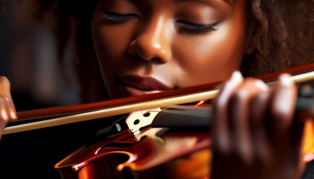 Extreme close-up and portrait of a young beautiful African-American woman playing the violin with great passion with eyes closed on a dark background. Generative Ai.の素材