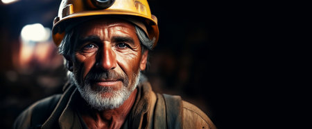 Extreme close-up, portrait of an old male miner with helmet ready to work in the mine looking at camera with serious look on dark background with copy space. Generative Ai.の素材