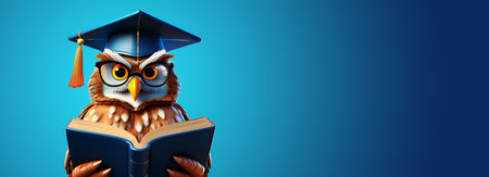 Close-up of a wise owl with glasses and graduation hat reading an old book on blue background with copy space. Wisdom and education concept. Generative Ai.の素材