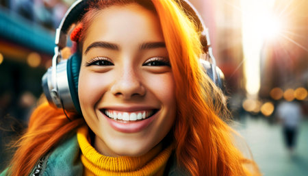 Portrait a female cool street style hypebeast hip-hop rapper influencer with headphones, recording music video using cell phone in a city street, the smiling and cheerful face in focus. Generative Ai.の素材