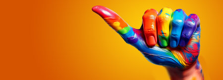 Close-up of a hand painted with multicolored paint and thumb up, On a yellow-orange background with copy space. Vibrant painted hand raised in a gesture of positivity and enthusiasm. Generative Ai.の素材