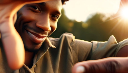 Extreme close-up of a beautiful young African-American man standing in the nature and making composition frame with his hands, looking at camera and smiling. Generative Ai.の素材