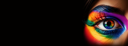Extreme close-up of the eye of young woman with the rainbow colors, isolated on dark black background with copy space. Colors vision, gay LGBTQ pride concept. Banners, templates. Generative Ai.の素材