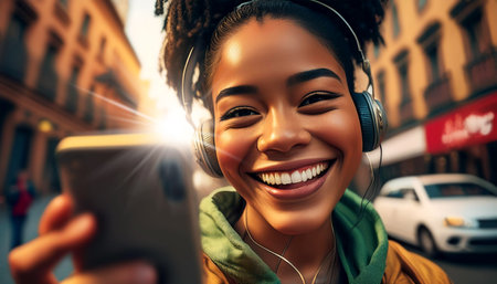 Portrait a female cool street style hypebeast hip-hop rapper influencer with headphones, recording music video using cell phone in a city street, the smiling and cheerful face in focus. Generative Ai.の素材