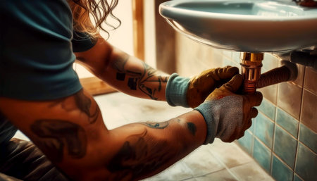 Extreme close-up of the gloved hands of a plumber while fixing or repairing pipes under the bathroom sink. Concept of home service or maintenance, professional handyman work. Generative Ai.の素材