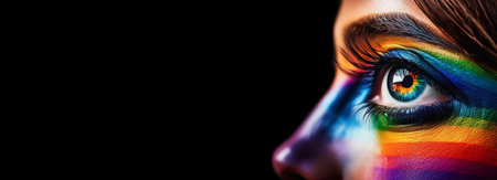 Extreme close-up of the eye of young woman with the rainbow colors, isolated on dark black background with copy space. Colors vision, gay LGBTQ pride concept. Banners, templates. Generative Ai.の素材