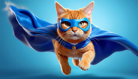 Extreme close-up and front view of a ginger cat with blue cape and blue mask flying on blue background with copy space and looking at camera. Concept of leadership, super cat. Generative Ai.の素材