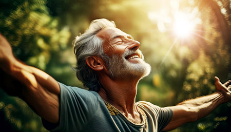 Extreme closeup, portrait of a happy caucasian mature man with open arms enjoying life in a green forest and nature background, looking up to the sky with closed eyes. Generative Ai.の素材