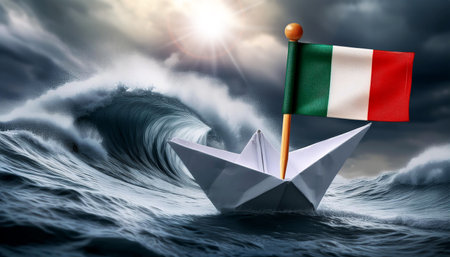 White paper boat with the Italian flag hanging on the flagpole (toothpick), braving the waves of a wild stormy sea. Resilience, fragility, hope and vulnerability concept. Generative Ai.の素材