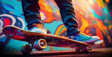 Extreme close-up and bottom view of the feet of boy in sneakers riding a skateboard next to a brightly colored wall with modern urban graffiti. Skateboarding in the city concept. Generative Ai.の素材