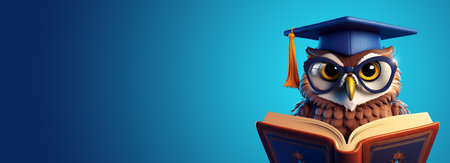 Close-up of a wise owl with glasses and graduation hat reading an old book on blue background with copy space. Wisdom and education concept. Generative Ai.の素材