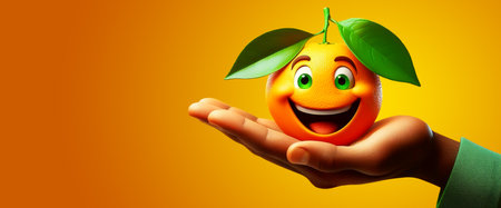 Extreme close-up of a ripe smiling orange fruit with green leaves looking at camera, on the palm of human hand against a yellow-orange background with copy space. Generative Ai.の素材