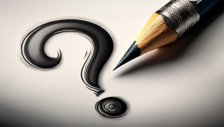 Extreme close-up of the tip of a classic pencil and a question mark drawn on a sheet of white paper with copy space. Q and A and pencil drawing a question mark, concept. Generative Ai.の素材