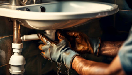 Extreme close-up of the gloved hands of a plumber while fixing or repairing pipes under the bathroom sink. Concept of home service or maintenance, professional handyman work. Generative Ai.の素材