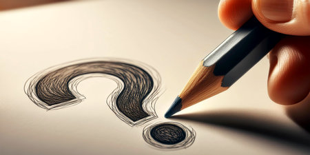 Close-up of a hand holding a classic graphite pencil and drawing a question mark with a pencil stroke on a white sheet of paper. Q and A and pencil drawing a question mark, concept. Generative Ai.の素材