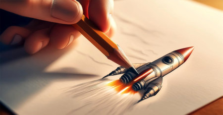 Extreme close-up of a hand holding a classic graphite pencil and drawing a space rocket with a pencil stroke on a white sheet of paper. Concept of creativity, art, space travel dream. Generative Ai.の素材