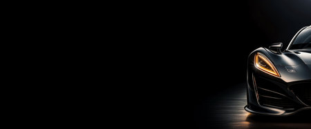 Close-up and front view of a black unbranded luxury sport car against a black dark background with copy space. Luxury sports automotive industry template or banner. Generative Ai.の素材