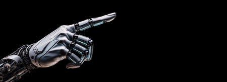 Extreme close-up of a humanoid robot hand pointing index finger on a black background with copy space. Artificial intelligence concept. Generative Ai.の素材