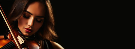 Extreme close-up and portrait of a young beautiful brunette woman playing the violin with great passion with eyes closed on a dark black background with copy space. Generative Ai.の素材