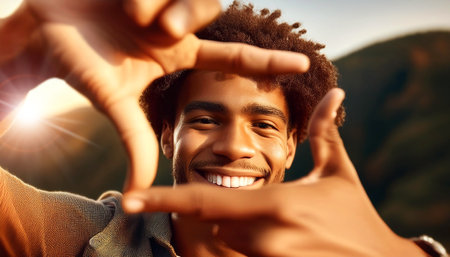 Extreme close-up of a beautiful young African-American man standing in the nature and making composition frame with his hands, looking at camera and smiling. Generative Ai.の素材