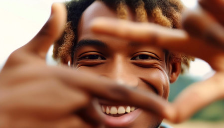 Extreme close-up of a beautiful young African-American man standing in the nature and making composition frame with his hands, looking at camera and smiling. Generative Ai.の素材