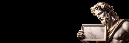 Close-up of an ancient Greek or Roman marble statue holding a blank sign with frame and copy space, isolated on a black background, wide banner. Portrait of a wise man with beard. Generative Ai.の素材