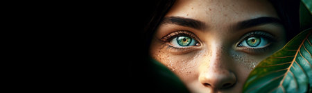 Extreme close-up of a beautiful green eyes of a young woman looking through green leaves in the forest on black background with copy space. Ecological and environmentalist concept. Generative Ai.の素材