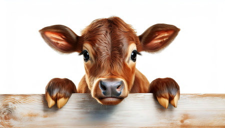 Close-up of a curious cute little brown calf Peeking Over a Wooden Fence and looking at camera, isolated on white background with copy space. Animal farm life, rural charm concept. Generative Ai.の素材